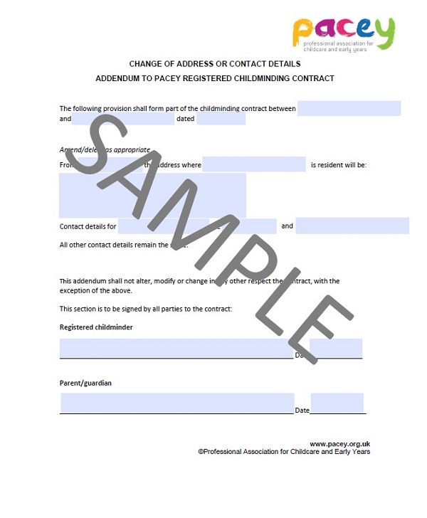 Childminding Contract - Change of Address or Contact Details Addendum