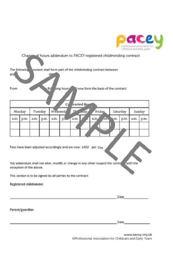Childminding Contract - Change of Hours Addendum