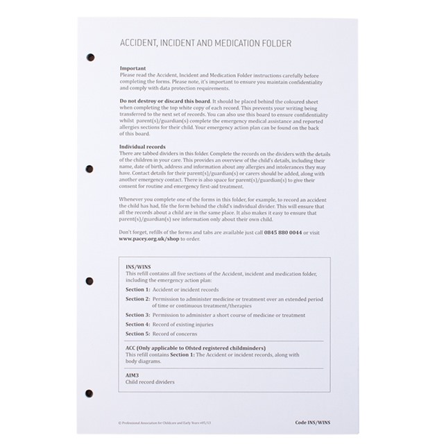 Accident, incident and medication inserts