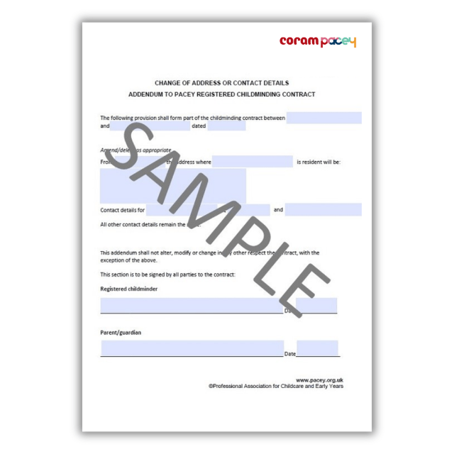 Childminding contract - change of address or contact Details Addendum