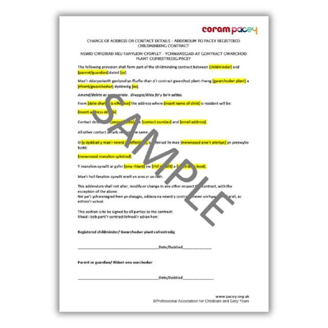 Bilingual childminding contract - change of address or contact details addendum