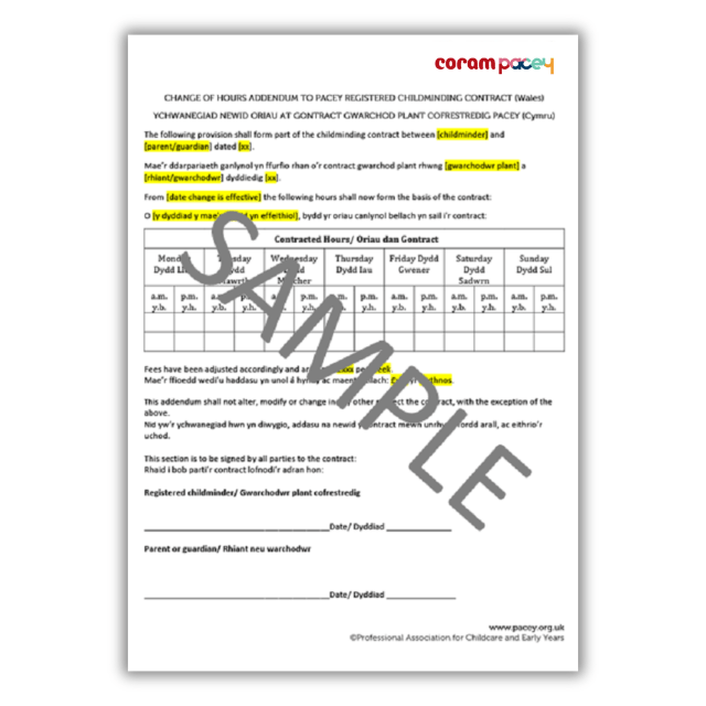 Bilingual childminding contract - change of hours addendum